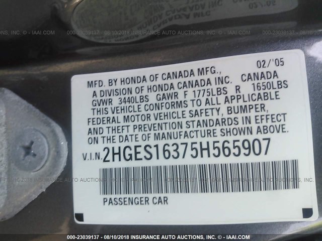 2HGES16375H565907 - 2005 HONDA CIVIC DX VP GRAY photo 9