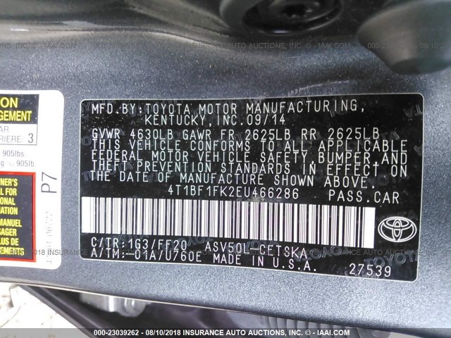 4T1BF1FK2EU466286 - 2014 TOYOTA CAMRY L/SE/LE/XLE 灰色 照片 9