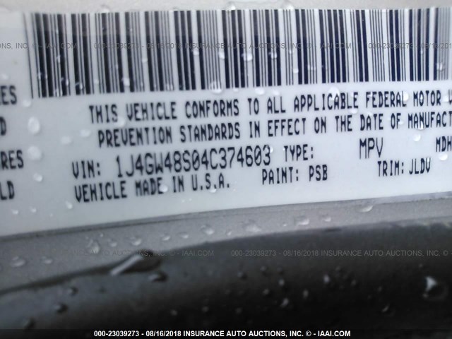 1J4GW48S04C374603 - 2004 JEEP GRAND CHEROKEE LAREDO/COLUMBIA/FREEDOM 银色 照片 9