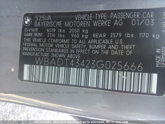 WBADT43423G025666 - 2003 BMW 525 I AUTOMATIC GRAY photo 9