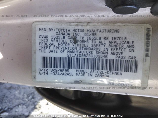 2T1AE09B2SC109546 - 1995 TOYOTA COROLLA LE/DX BEIGE photo 9