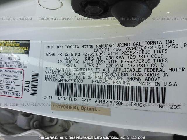 5TELU42N46Z210188 - 2006 TOYOTA TACOMA DOUBLE CAB WHITE photo 9