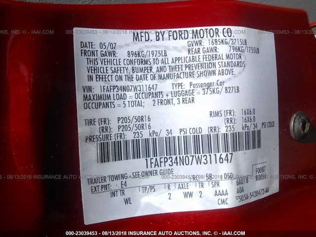 1FAFP34N07W311647 - 2007 FORD FOCUS ZX4/S/SE/SES 红色 照片 9