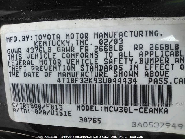 4T1BF32K93U044434 - 2003 TOYOTA CAMRY LE/XLE/SE Mavi foto 9