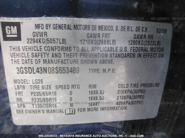 3GSDL43N08S653489 - 2008 SATURN VUE XE BLUE photo 9