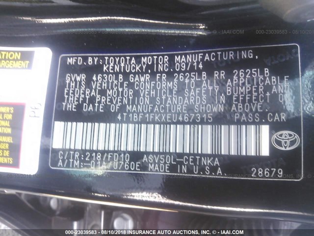 4T1BF1FKXEU467315 - 2014 TOYOTA CAMRY L/SE/LE/XLE 黑色 照片 9