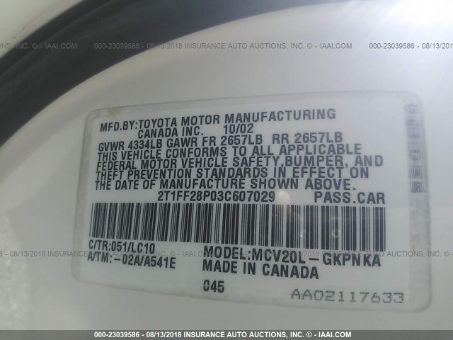 2T1FF28P03C607029 - 2003 TOYOTA CAMRY SOLARA SE/SLE Ağ foto 9