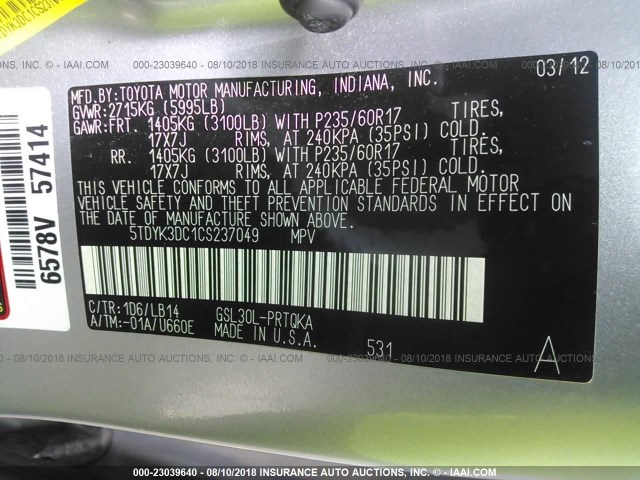 5TDYK3DC1CS237049 - 2012 TOYOTA SIENNA XLE/LIMITED GRAY photo 9