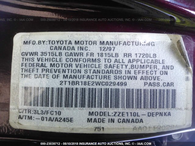 2T1BR18E2WC029499 - 1998 TOYOTA COROLLA VE/CE/LE PURPLE photo 9