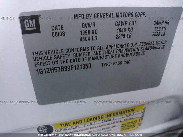 1G1ZH57B89F121950 - 2009 CHEVROLET MALIBU 1LT WHITE photo 9