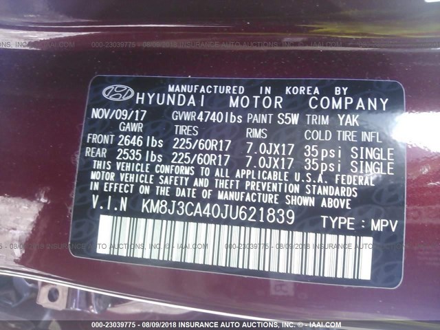 KM8J3CA40JU621839 - 2018 HYUNDAI TUCSON SEL/SEL PLUS MAROON photo 9