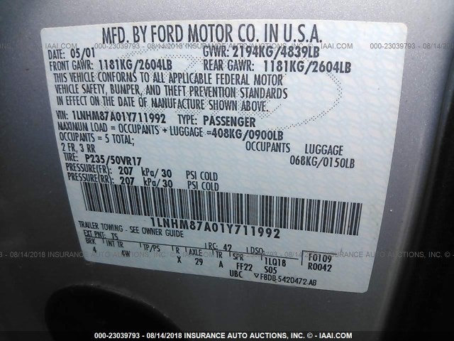 1LNHM87A01Y711992 - 2001 LINCOLN LS SILVER photo 9