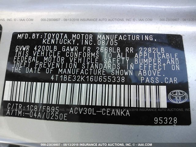 4T1BE32K16U655338 - 2006 TOYOTA CAMRY LE/XLE/SE Gümüş foto 9