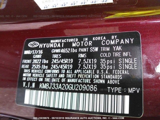 KM8J33A20GU209086 - 2016 HYUNDAI TUCSON LIMITED/SPORT AND ECO/SE MAROON photo 9