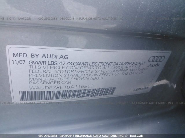 WAUDF78E18A116853 - 2008 AUDI A4 2.0T QUATTRO GRAY photo 9