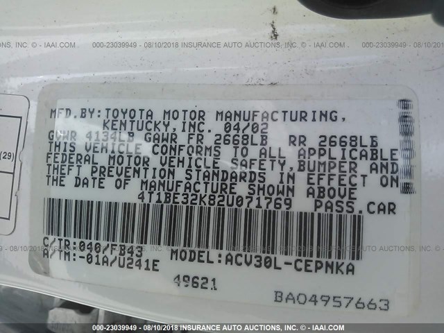 4T1BE32K82U071769 - 2002 TOYOTA CAMRY LE/XLE/SE Ağ foto 9