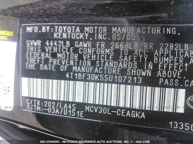 4T1BF30K55U107213 - 2005 TOYOTA CAMRY LE/XLE/SE Қара фото 9