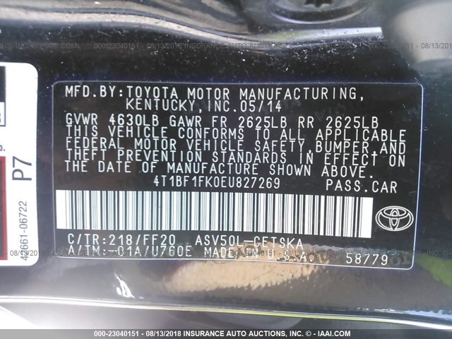 4T1BF1FK0EU827269 - 2014 TOYOTA CAMRY L/SE/LE/XLE 黑色 照片 9