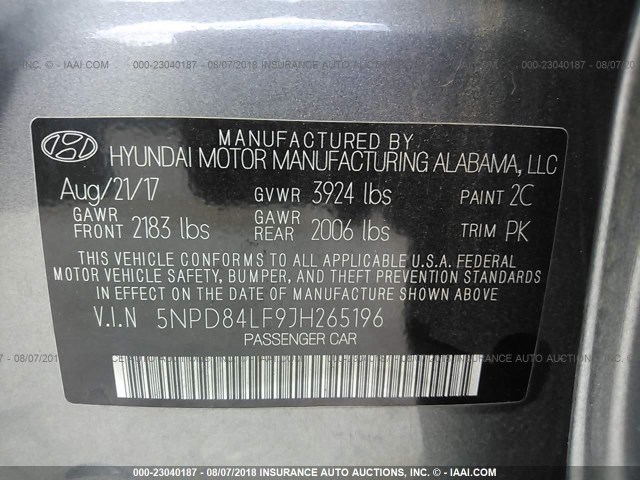 5NPD84LF9JH265196 - 2018 HYUNDAI ELANTRA SEL/VALUE/LIMITED GRAY photo 9