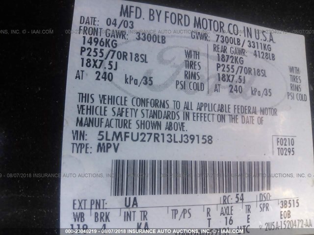 5LMFU27R13LJ39158 - 2003 LINCOLN NAVIGATOR BLACK photo 9