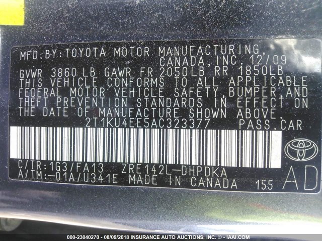 2T1KU4EE5AC323377 - 2010 TOYOTA COROLLA MATRIX  GRAY photo 9