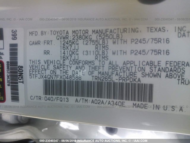 5TFJX4GN7FX048586 - 2015 TOYOTA TACOMA DOUBLE CAB PRERUNNER WHITE photo 9