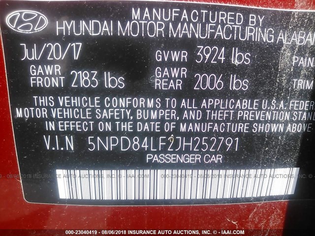 5NPD84LF2JH252791 - 2018 HYUNDAI ELANTRA SEL/VALUE/LIMITED RED photo 9