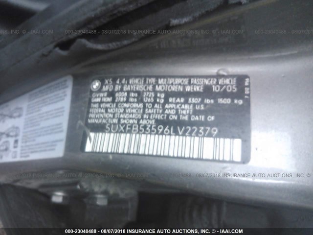 5UXFB53596LV22379 - 2006 BMW X5 4.4I GRAY photo 9