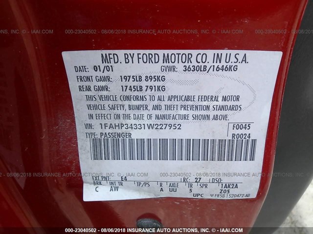 1FAHP34331W227952 - 2001 FORD FOCUS SE/SE SPORT RED photo 9