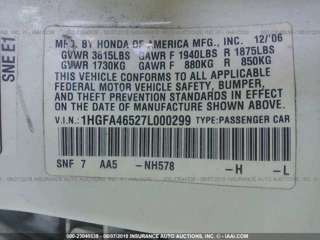 1HGFA46527L000299 - 2007 HONDA CIVIC GX თეთრი ფოტო 9