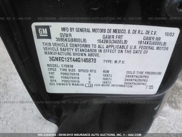 3GNEC12T44G145870 - 2004 CHEVROLET AVALANCHE C1500 BLACK photo 9