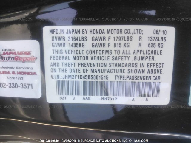 JHMZF1D45BS001515 - 2011 HONDA CR-Z BLACK photo 9