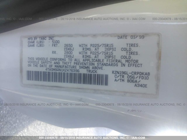 4TASM92N1XZ476396 - 1999 TOYOTA TACOMA XTRACAB PRERUNNER თეთრი ფოტო 9