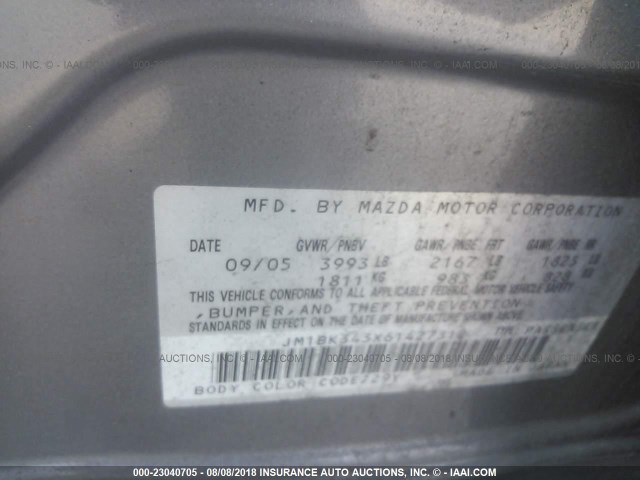 JM1BK343X61427312 - 2006 MAZDA 3 HATCHBACK SILVER photo 9