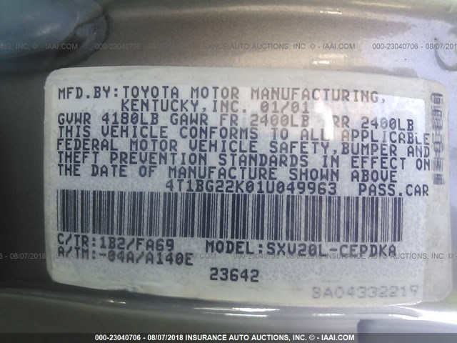 4T1BG22K01U049963 - 2001 TOYOTA CAMRY CE/LE/XLE 棕色 照片 9