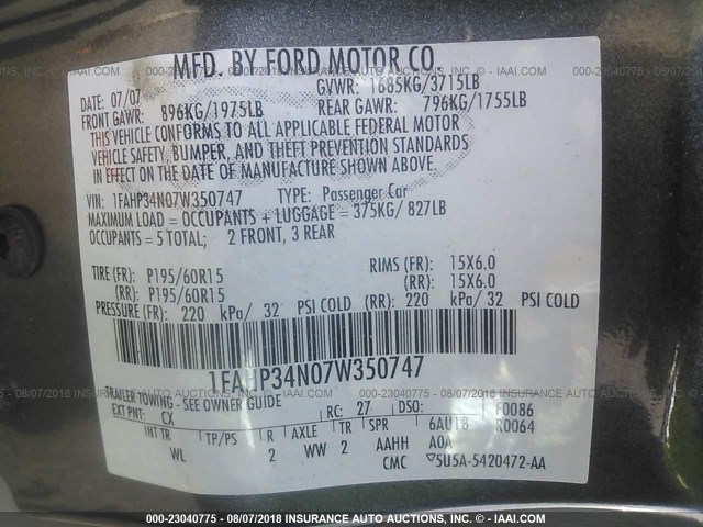 1FAHP34N07W350747 - 2007 FORD FOCUS ZX4/S/SE/SES 灰色 照片 9