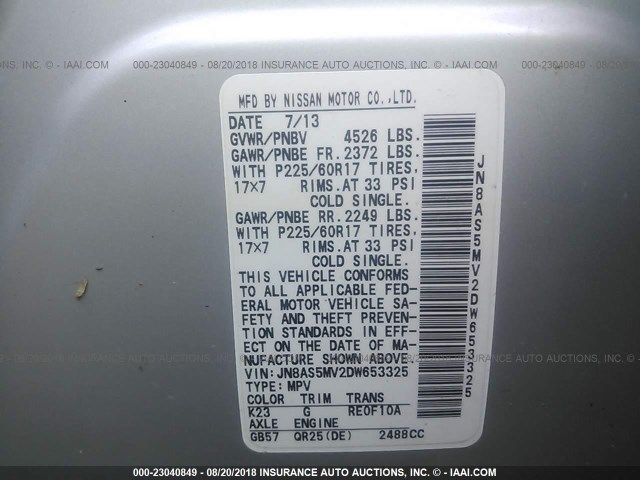 JN8AS5MV2DW653325 - 2013 NISSAN ROGUE S/SV GRAY photo 9