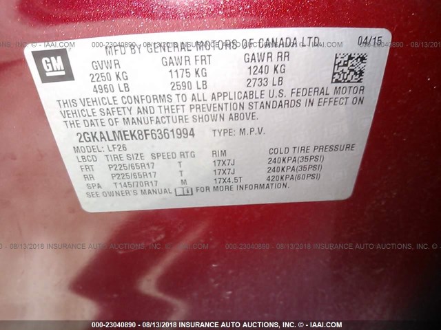 2GKALMEK8F6361994 - 2015 GMC TERRAIN SLE PURPLE photo 9