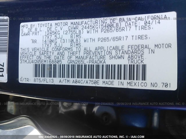 3TMJU4GN5EM168805 - 2014 TOYOTA TACOMA DOUBLE CAB PRERUNNER BLUE photo 9