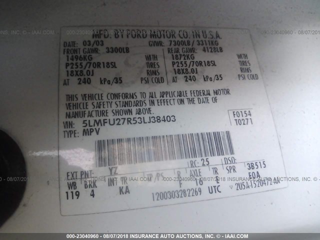 5LMFU27R53LJ38403 - 2003 LINCOLN NAVIGATOR WHITE photo 9