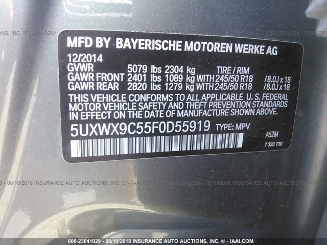 5UXWX9C55F0D55919 - 2015 BMW X3 XDRIVE28I GRAY photo 9