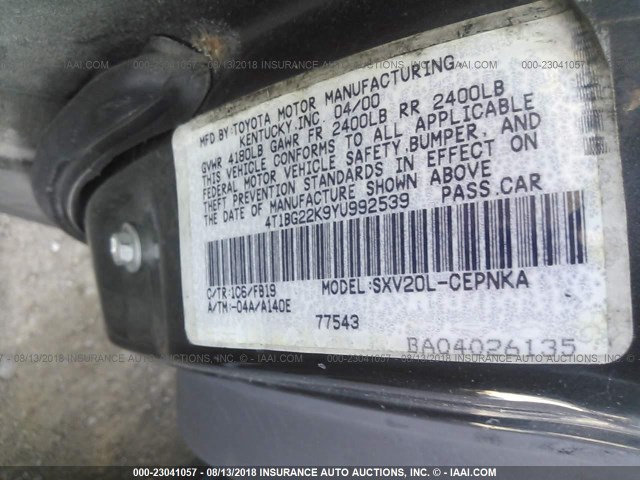 4T1BG22K9YU992539 - 2000 TOYOTA CAMRY CE/LE/XLE 灰色 照片 8