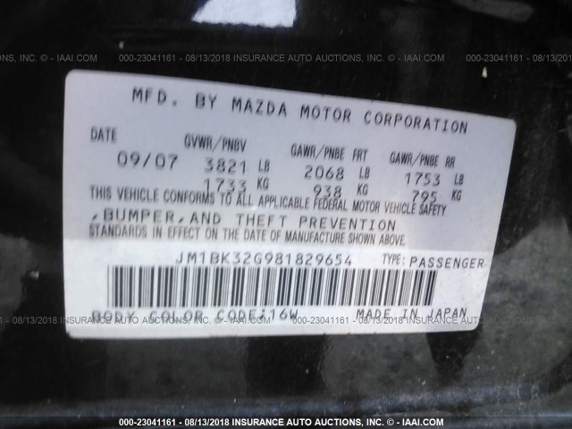 JM1BK32G981829654 - 2008 MAZDA 3 I BLACK photo 9