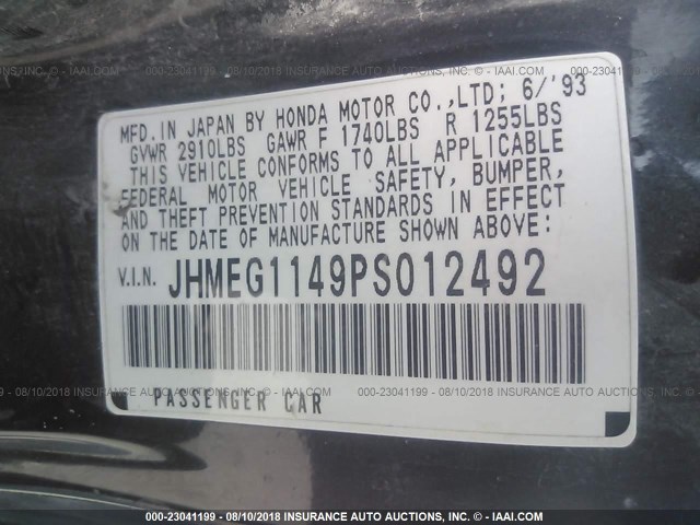 JHMEG1149PS012492 - 1993 HONDA CIVIC DEL SOL S BLACK photo 9