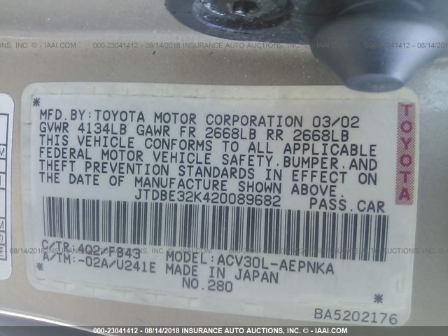 JTDBE32K420089682 - 2002 TOYOTA CAMRY LE/XLE/SE Qızıl foto 9
