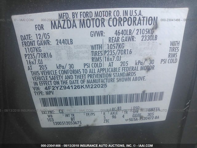 4F2YZ94126KM22025 - 2006 MAZDA TRIBUTE S GRAY photo 9