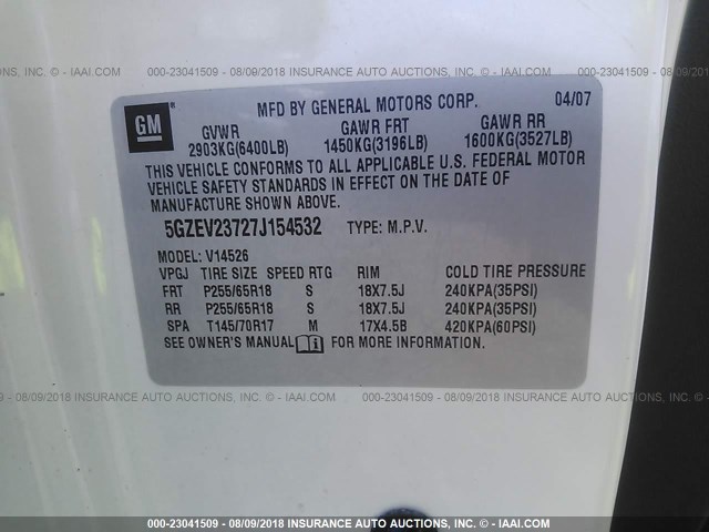 5GZEV23727J154532 - 2007 SATURN OUTLOOK XR თეთრი ფოტო 9