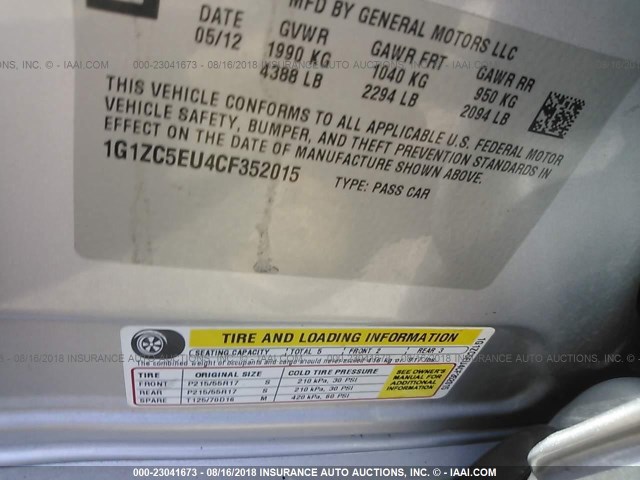 1G1ZC5EU4CF352015 - 2012 CHEVROLET MALIBU 1LT ვერცხლისფერი ფოტო 9