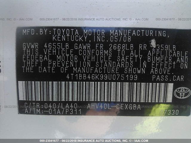 4T1BB46K99U075199 - 2009 TOYOTA CAMRY HYBRID WHITE photo 9