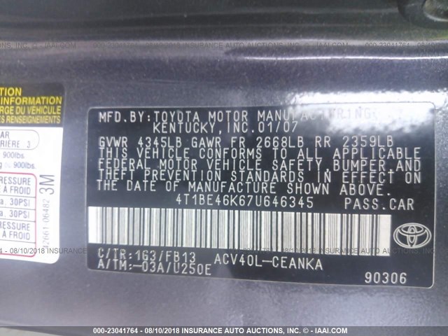 4T1BE46K67U646345 - 2007 TOYOTA CAMRY NEW GENERAT CE/LE/XLE/SE GRAY photo 9